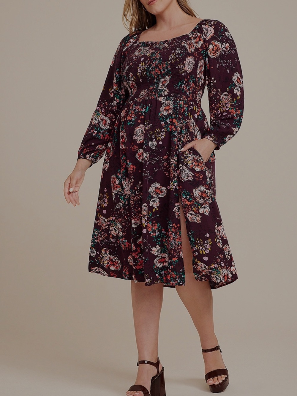Maurices Plum Floral Midi Dress with Square Neck